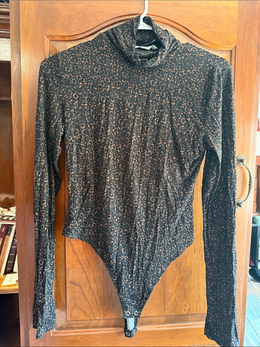 Double Zero Black and Brown Leopard-Print Turtleneck Bodysuit